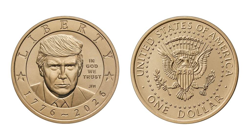Desain koin emas pecahan 1 Dolar AS terbaru yang menampilkan ukiran wajah Presiden Donald Trump dan lambang burung elang untuk peringatan 250 tahun Amerika Serikat.