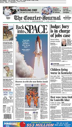 Tampak depan halaman surat kabar Courier Journal yang diterbitkan di Louisville, Kentucky, Amerika Serikat.