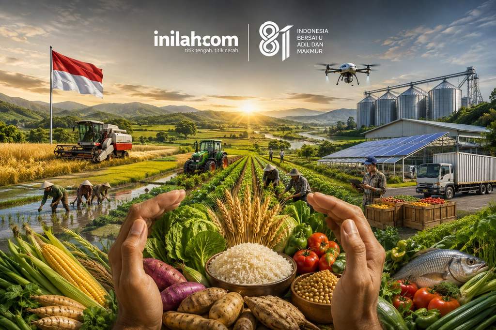 Ilustrasi hamparan lahan pertanian modern di kawasan proyek food estate Merauke, Papua Selatan, yang menggunakan alat mesin pertanian canggih.