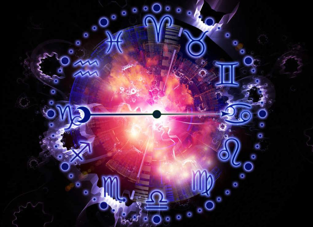 Ilustrasi zodiak astrologi yang menampilkan berbagai rasi bintang di langit malam dengan nuansa warna kosmik yang elegan.