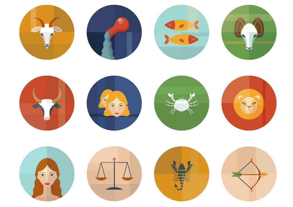Ilustrasi zodiak dan lambang perbintangan astrologi yang dikaitkan dengan kondisi keuangan dan pengelolaan aset berharga.