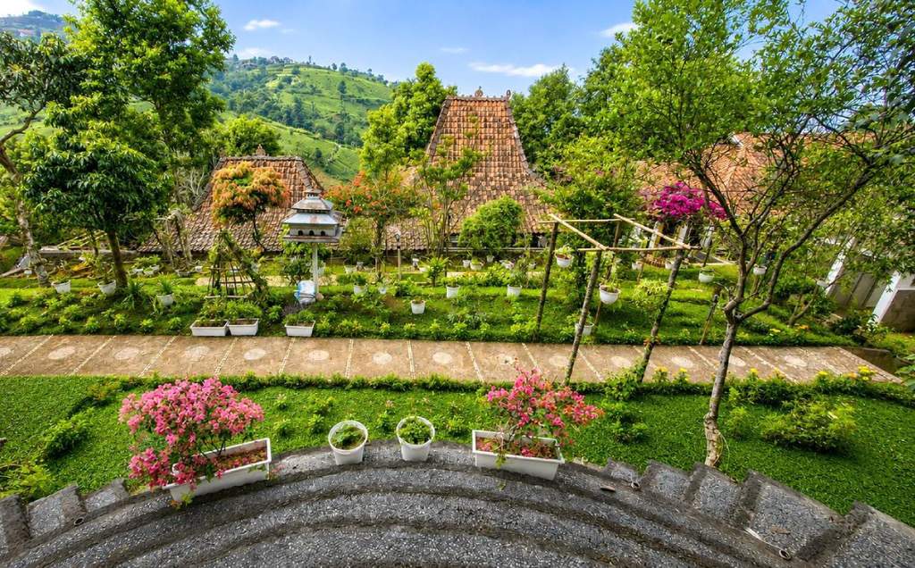 Pemandangan kebun Bumi Herbal Dago yang asri di kawasan perbukitan Bandung utara dengan latar belakang tanaman hijau subur.