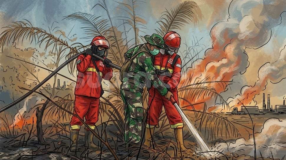 Kepulan asap pekat membubung tinggi dari lahan gambut yang terbakar di kawasan konsesi perkebunan.