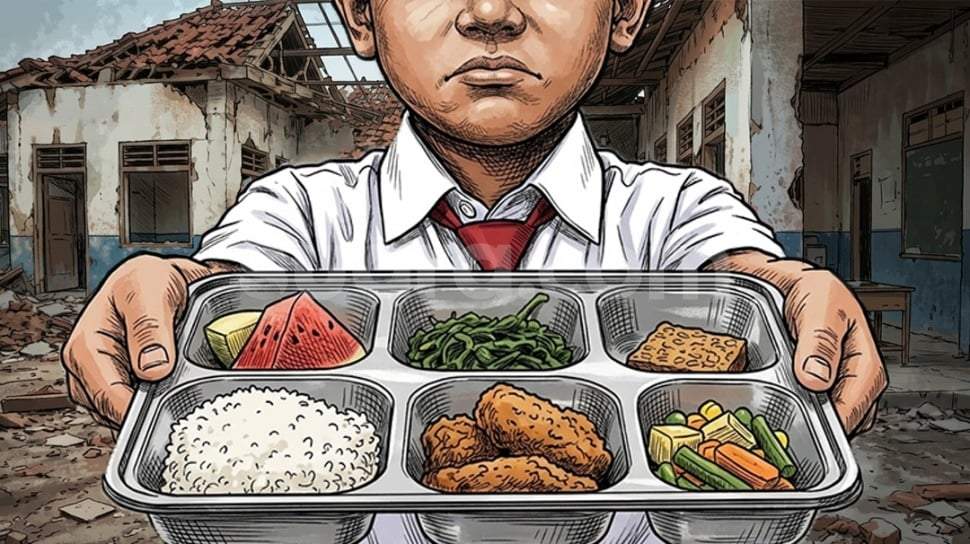 Ilustrasi perbandingan kondisi bangunan sekolah yang mengalami kerusakan di daerah dengan fasilitas dapur program Makan Bergizi Gratis.