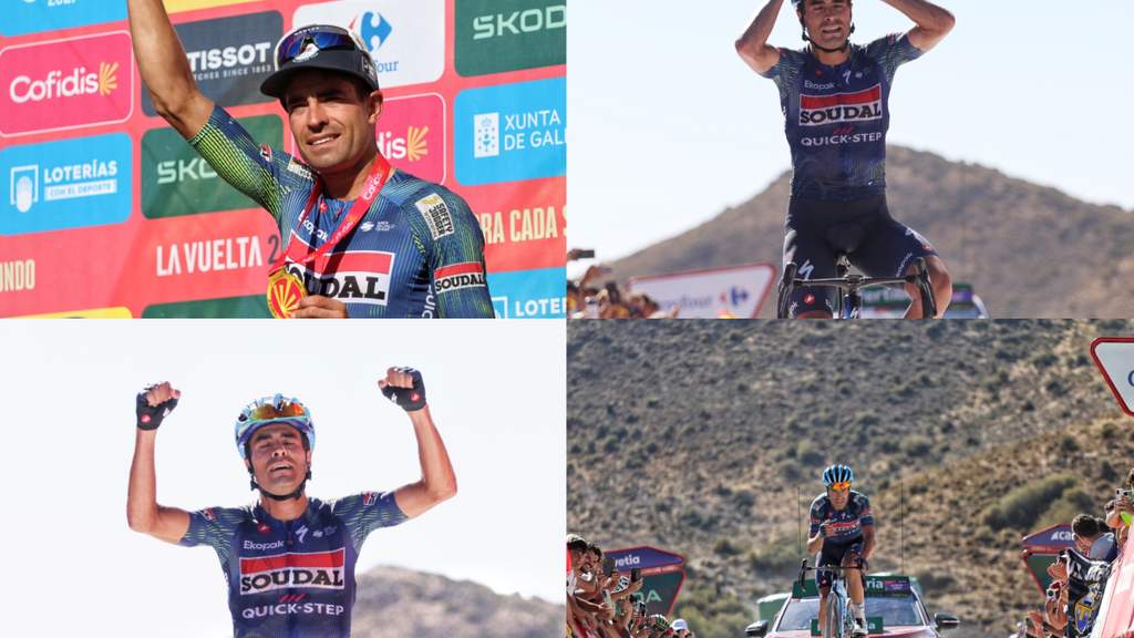 Deretan potret momen emosional saat pebalap sepeda Mikel Landa merayakan kemenangan di garis finish etape penentu Vuelta a Espana.