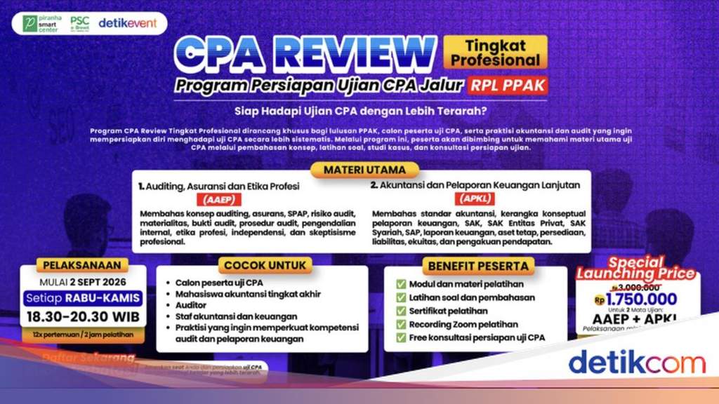 Ilustrasi profesional keuangan sedang mengikuti kelas pelatihan online via Zoom untuk mempersiapkan diri menghadapi ujian Certified Public Accountant.