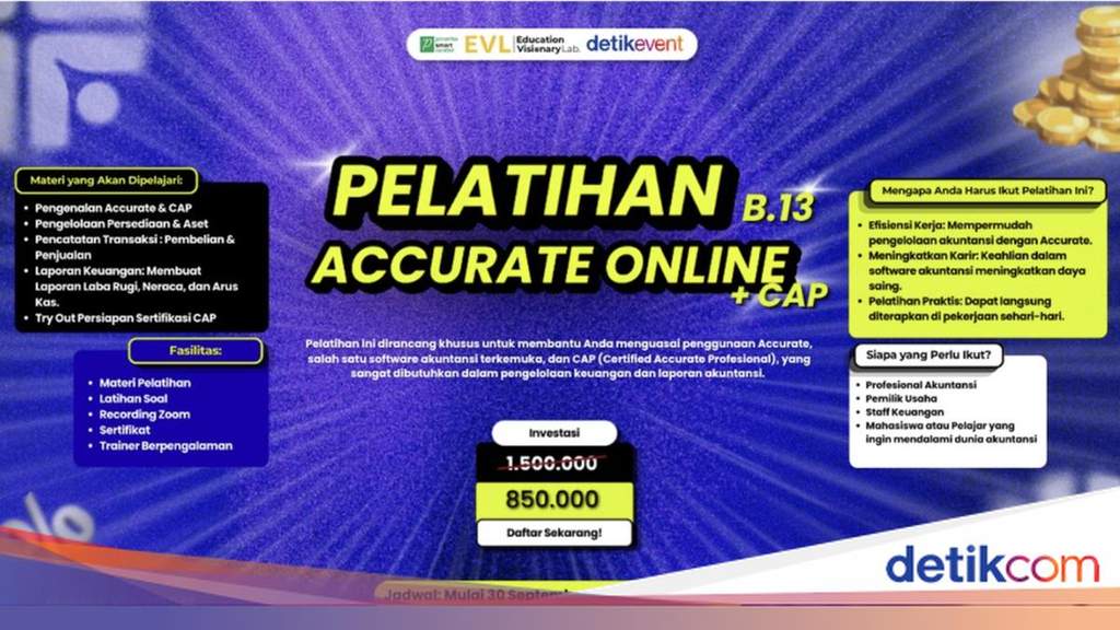 Ilustrasi profesional muda yang sedang mengikuti kelas pelatihan akuntansi digital secara online di malam hari menggunakan laptop.