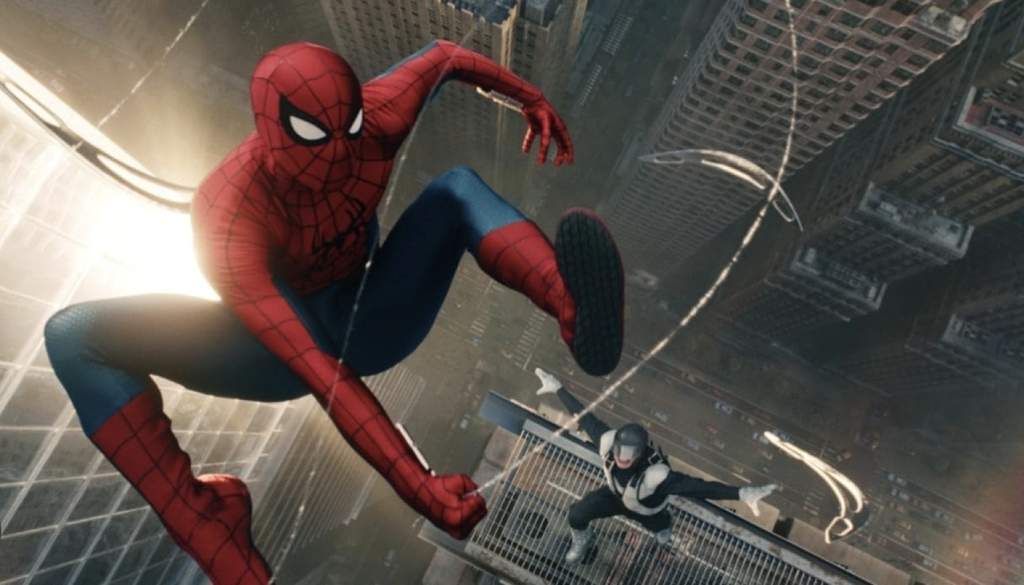 Poster film Spider-Man: Brand New Day yang menampilkan aksi Tom Holland dalam balutan kostum ikonik di tengah hiruk-pikuk kota.