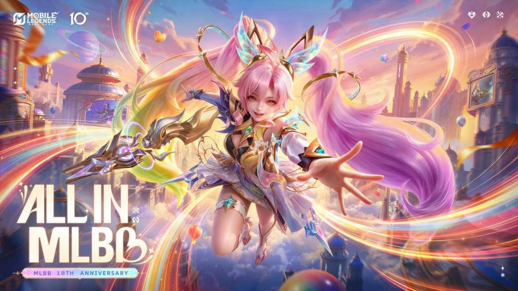 Tampilan antarmuka game Mobile Legends: Bang Bang yang menunjukkan poster perayaan ulang tahun ke-10 dengan berbagai hadiah menarik.