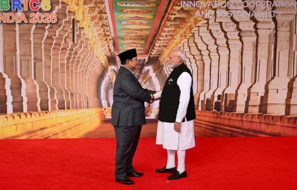Presiden Republik Indonesia Prabowo Subianto saat menyampaikan pidato dalam sesi terbatas KTT BRICS 2026 di Bharat Mandapam, New Delhi, India.