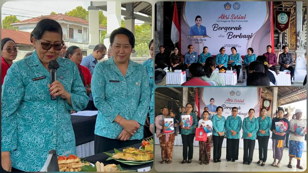 Ny. Putri Koster saat menyapa warga dan menyerahkan bantuan sosial dalam program Bergerak dan Berbagi di Balai Banjar Selat Nyuhan, Bangli.
