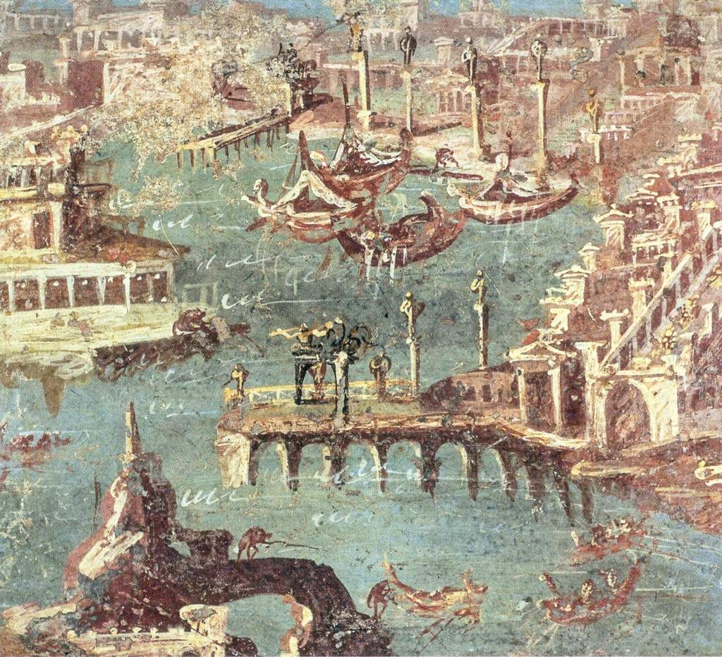 Pemandangan reruntuhan situs arkeologi Vila San Marco di Stabiae dengan latar belakang Teluk Napoli dan Gunung Vesuvius.