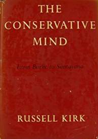 Tampak sampul buku klasik The Conservative Mind karya filsuf Russell Kirk dengan latar belakang perpustakaan.