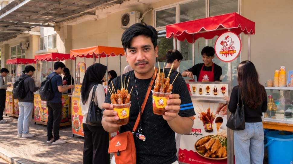 Tusukan sempol ayam goreng dengan baluran saus kental melimpah yang disajikan dalam wadah praktis untuk menarik perhatian pembeli muda.