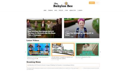 Tampak logo dan tampilan halaman muka situs web satir The Babylon Bee pada layar perangkat komputer jinjing.