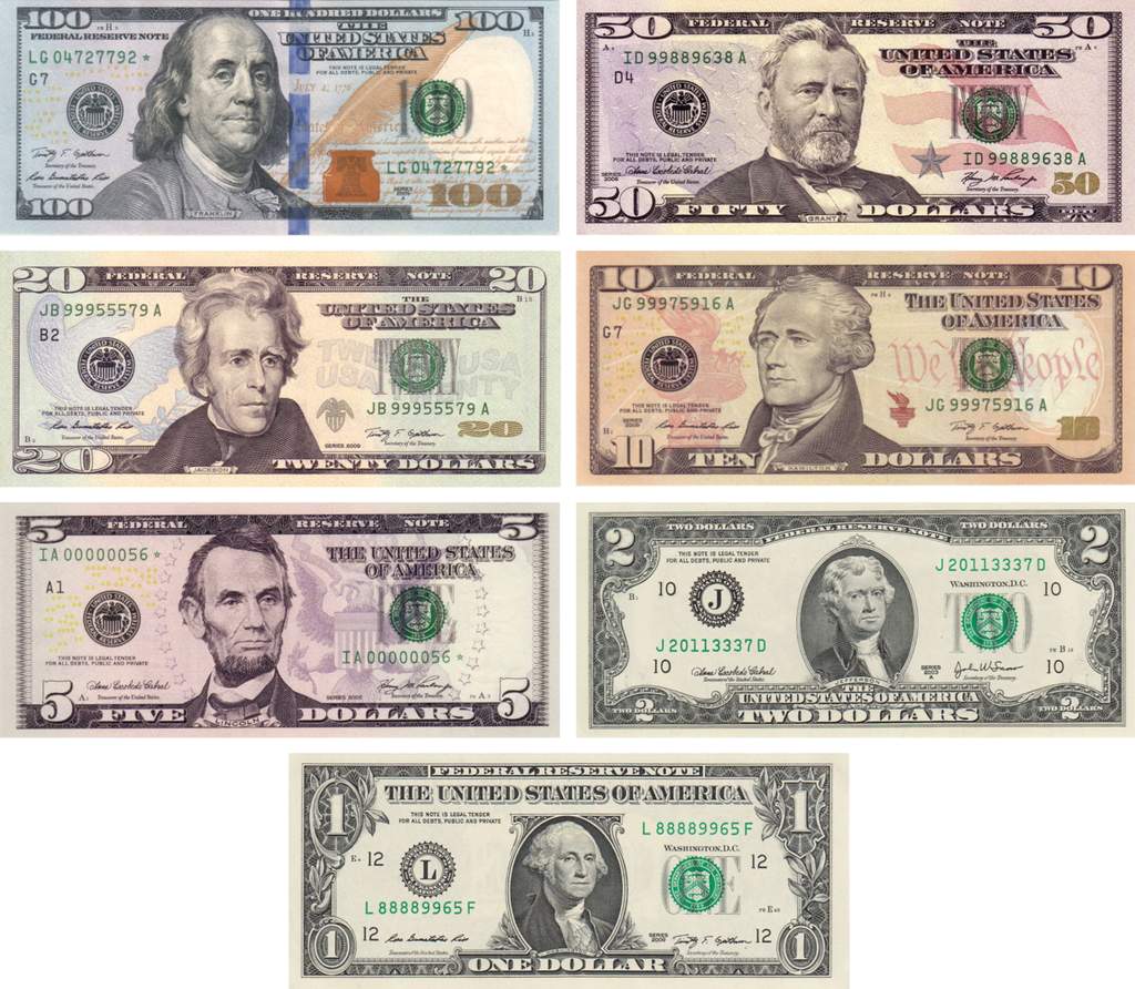 Tumpukan uang kertas dolar Amerika Serikat dengan latar belakang lambang Federal Reserve dan grafik nilai tukar mata uang global.